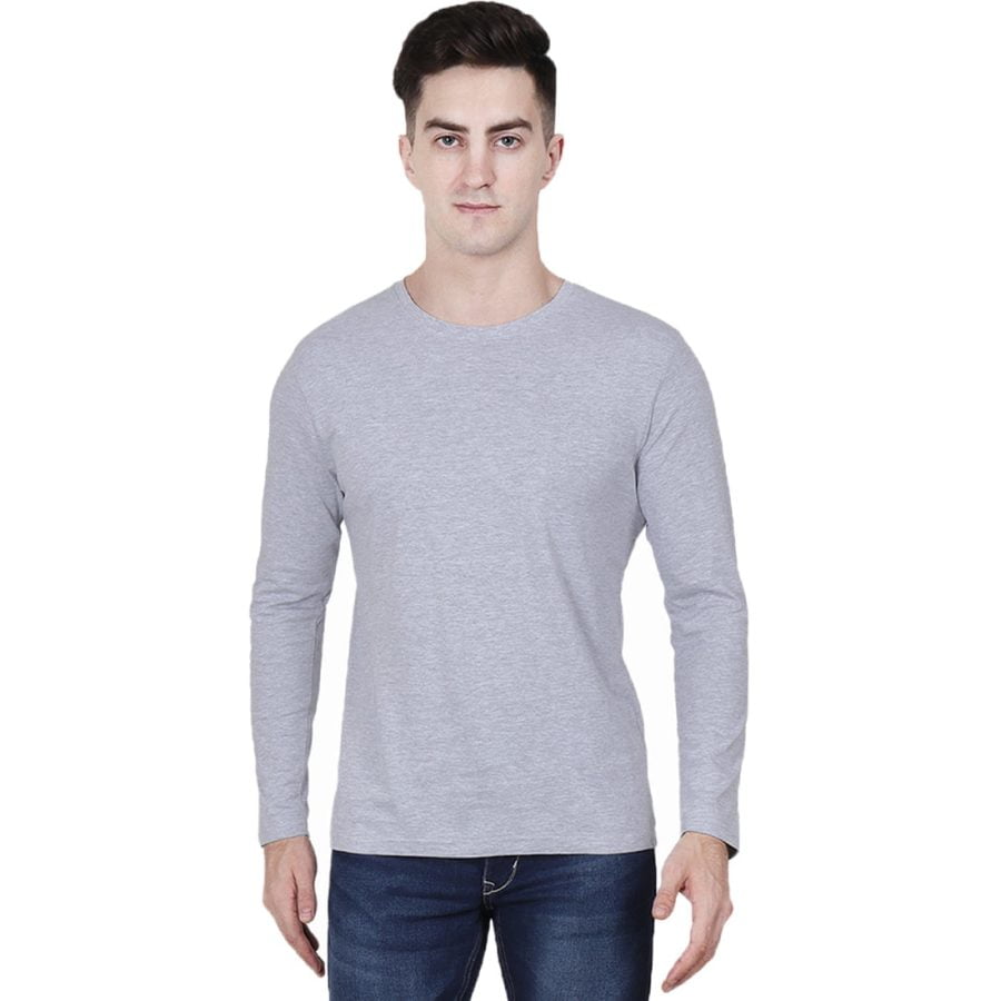 Men's Grey Melange Full Sleeve Round Neck Plain T-Shirt