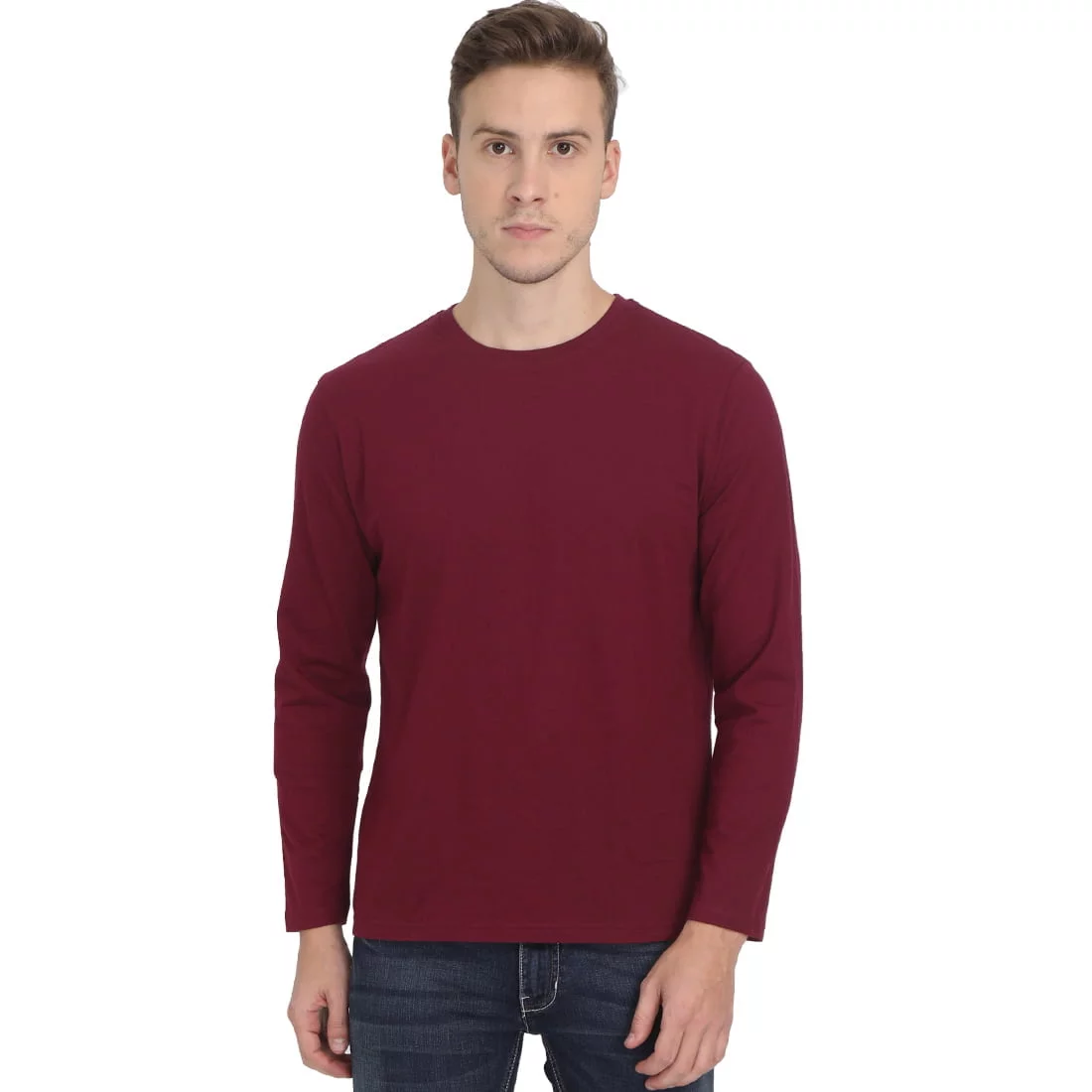 Men's Maroon Full Sleeve Round Neck Plain T-Shirt XS