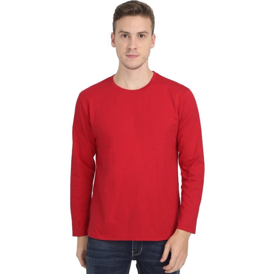Men's Red Full Sleeve Round Neck Plain T-Shirt