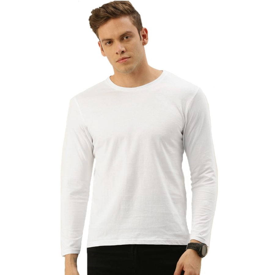 Men's White Full Sleeve Round Neck Plain T-Shirt