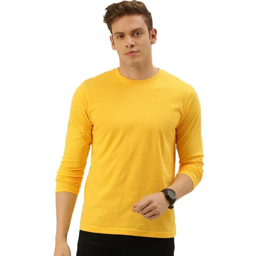 Men's Yellow Full Sleeve Round Neck Plain T-Shirt