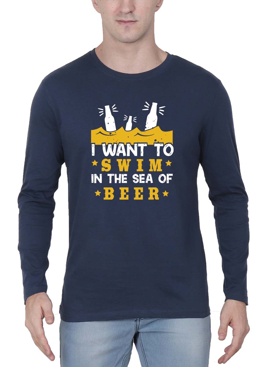 I Want To Swim In The Sea Of Beer Men Full Sleeve Navy Blue Beer T-Shirt
