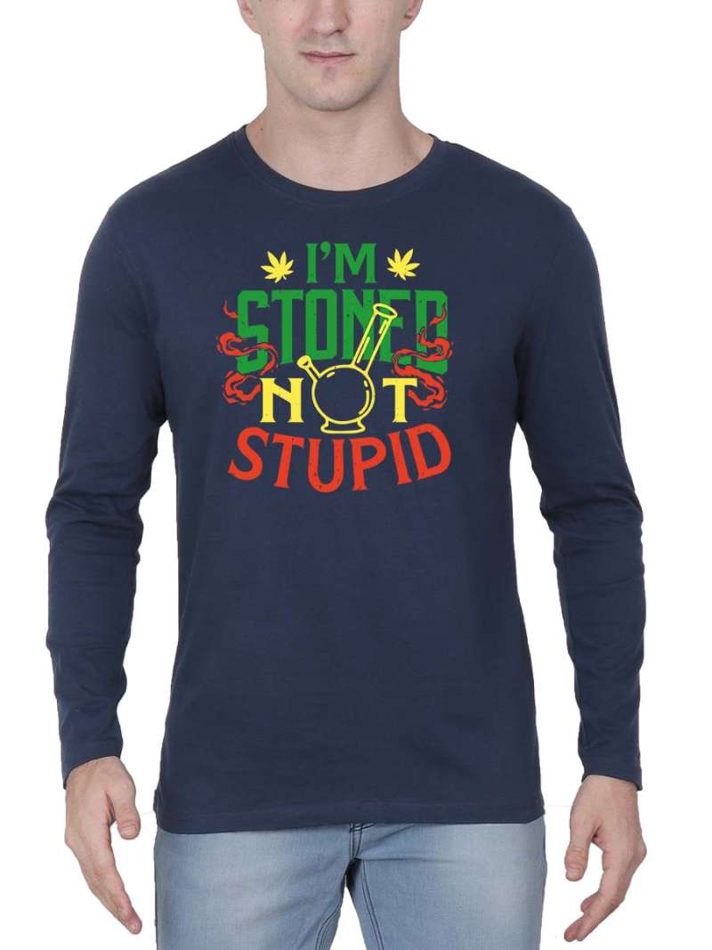 I'M Stoned Not Stupid Men Full Sleeve Navy Blue Stoner T-Shirt