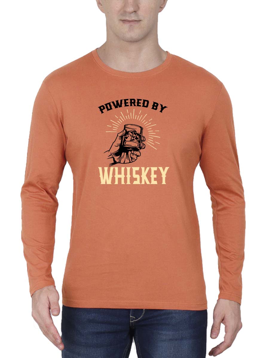 Powered By Whiskey Men Full Sleeve Saffron Whiskey T-Shirt