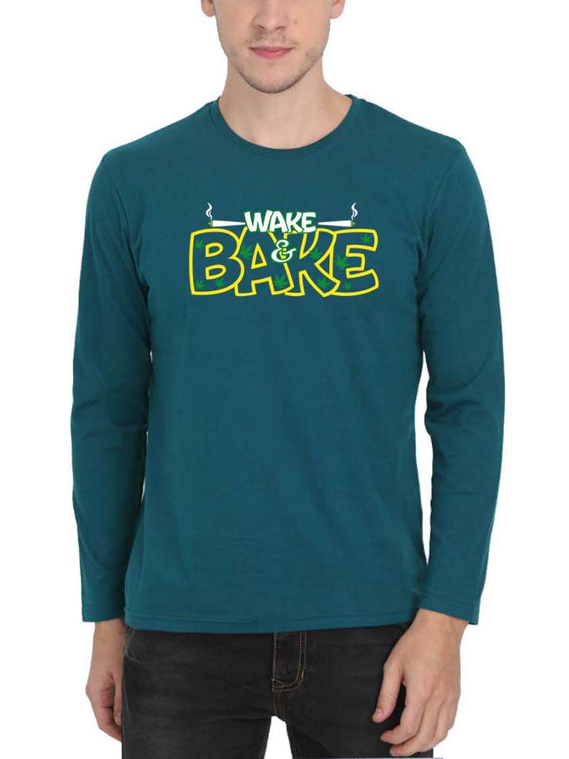 Wake And Bake Men Full Sleeve Petrol Stoner T-Shirt